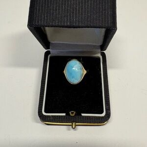 14K Gold Larimar Ring • Natural Blue Stone • Vintage Modernist Design • Size6